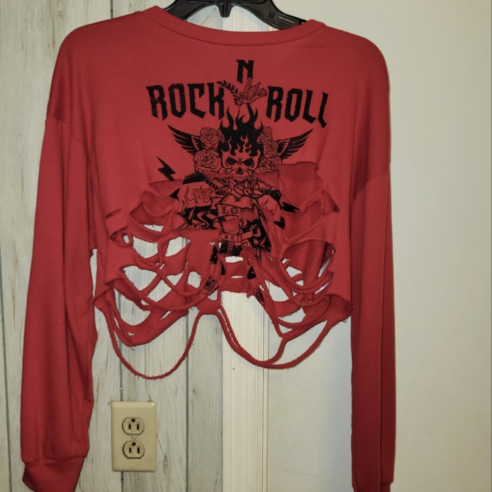Red ripped rock and roll crop top sweater size large